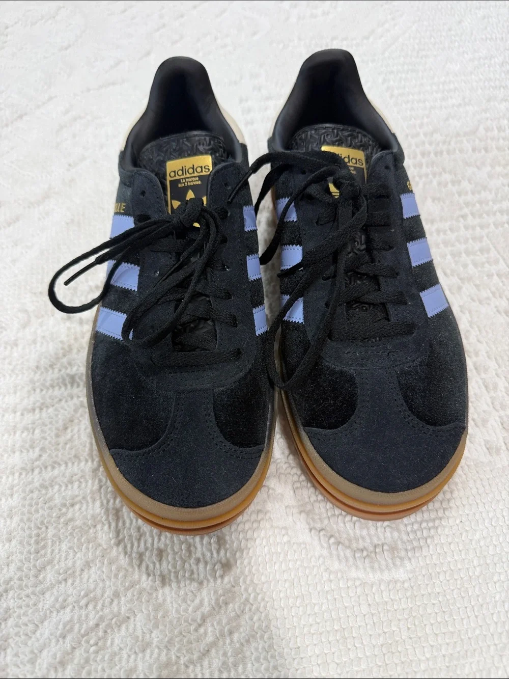 adidas gazelle Kids Black Suede Sneakers with Light Blue Stripes and Gum Sole